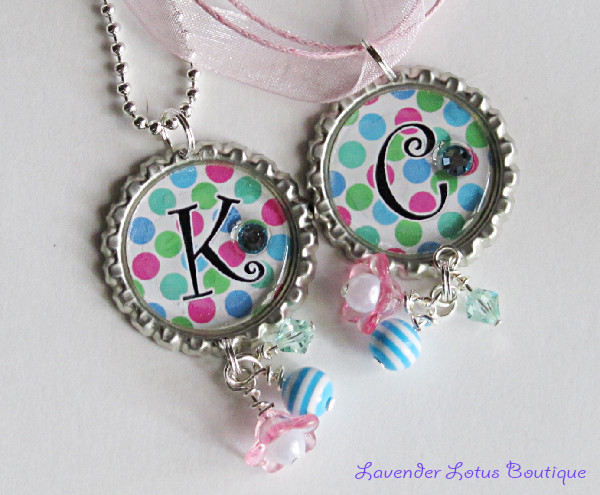 PAIR of Polka-Dot BFF Necklaces-BFF, chain, necklace,ball,ribbon,pink,silver,sworvski,crystals,rhinestones,gift,beads,balls,bling,best friend,friend,girl,bottlecap,charm,water resistant
