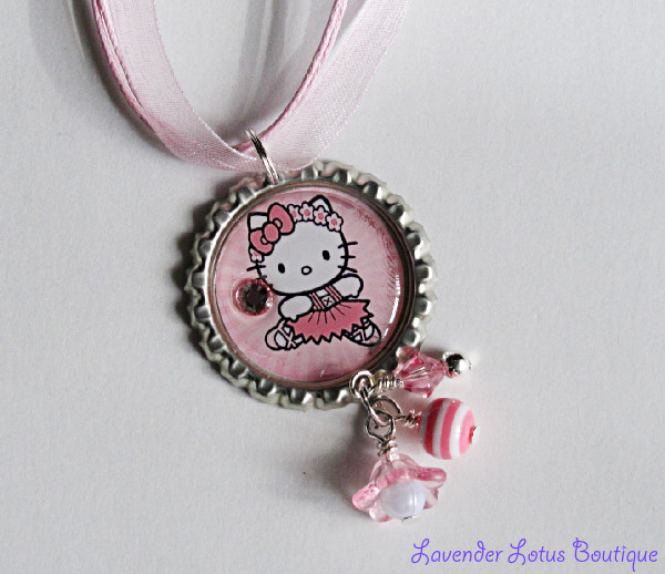 Hello Kitty Ballet-Hello Kitty, ballet, necklace, bottlecap, beads, bling, pink, acrylic, silver, ballchain, ribbon, tutu, girl, special, gift, swarovski, crystal, pearl