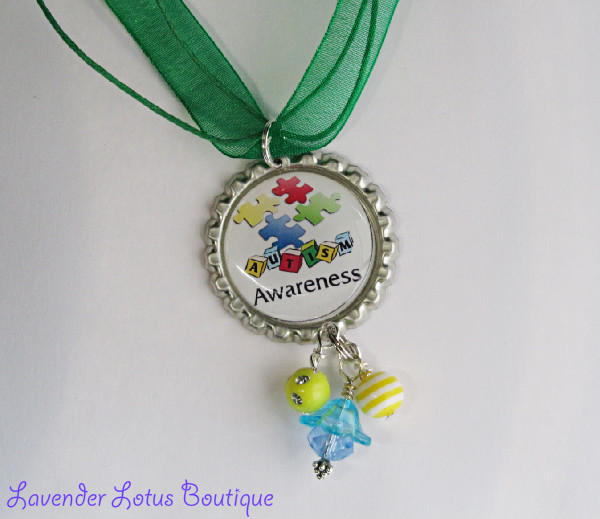 Autism Awareness -Spell it Out-autism, awareness, bottlecap, necklace, support, gift, bead, silver, crystal, lucite, green, ribbon, ballchain, gift, puzzle piece, autism awareness, bottlecap necklace, bottlecap gifts, support autism awareness