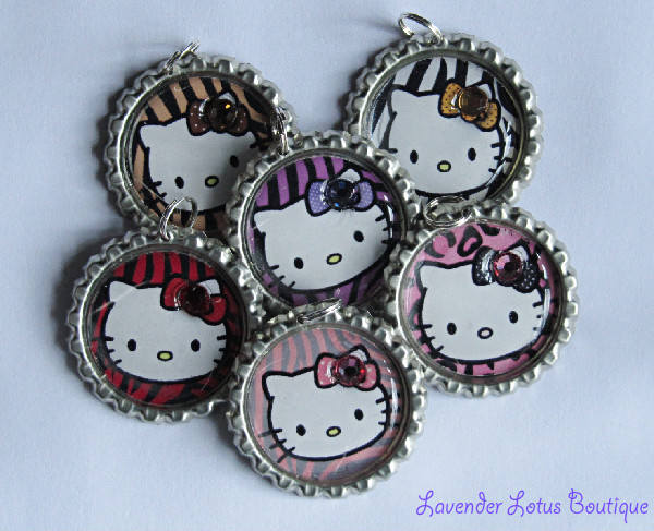 Hello Kitty Party Favors 6-pack-Hello Kitty, necklace, silver, ballchain, gift, bling, crystal, birthday, gift, bottlecap necklace, Hello Kitty necklace, silver ballchain necklace