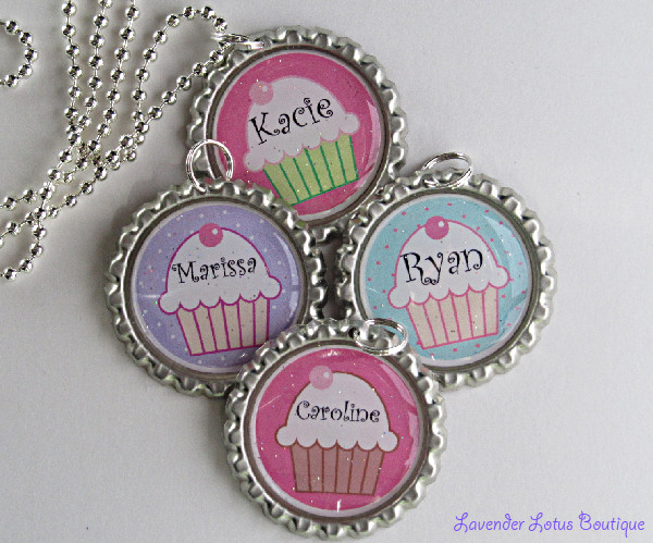 Personalized Cupcake Necklace II - Great Party Favors-Personalized, cupcake necklace, necklace, silver, ballchain, gift, polka dot, solid, bottlecap, party, favor, birthday, girl, special day, guests, sealer, sparkle, bling, glitter