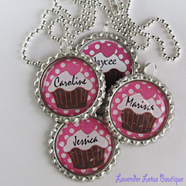 Personalized Cupcake Pendant - Great Party Favors-Personalized, cupcake, necklace, party, bottlecap, girl, ballchain, ribbon,name, party, six, special, gift, party favor, 