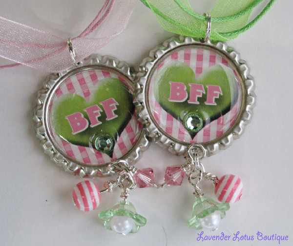 PAIR of Pink/Green BFF Heart Necklaces-BFF Heart Necklace,pair,silver,lime green, pink, ribbon,ball chain, swarovski crystals, pearl, acrylic, beads, lucite flower, fun, gift,bling,best friend gift, friend, charm, pendant