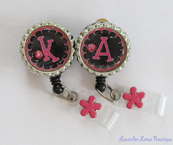 Personalized Black and Hot Pink-Hot pink, pink, black, initial, bling, Swarovski, crystal, id reel, badge reel, retractable, personalized, gift, 