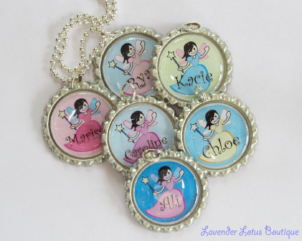 Personalized Fairy Princess - Great Party Favors!-fairy, princess, party, bottlecap, necklace, personalized, silver, ballchain, gift, birthday, fairy princess necklace, bottlecap necklace, personalized necklace, party favaor necklaces