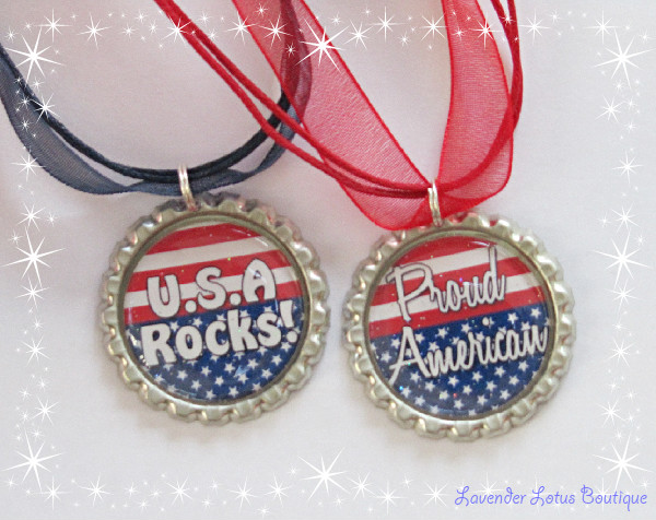 American Spirit-American, Spirit, bottlecap, necklace, red, white, blue, independence, fourth of July, holiday, gift 