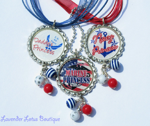 Air Force, Marine and Navy Princess Pendants-bottlecap necklace, military necklace, air force, marines, navy, red, white, blue, silver ball chain, red ribbon necklace, blue ribbon necklace, military princess necklace, air force necklace, marine necklace, navy necklace, military princess necklace, military bottlecap necklace, fun bottlecap necklace, bottlecap necklace gift, teen gift, tween gift, teen necklace, tween necklace