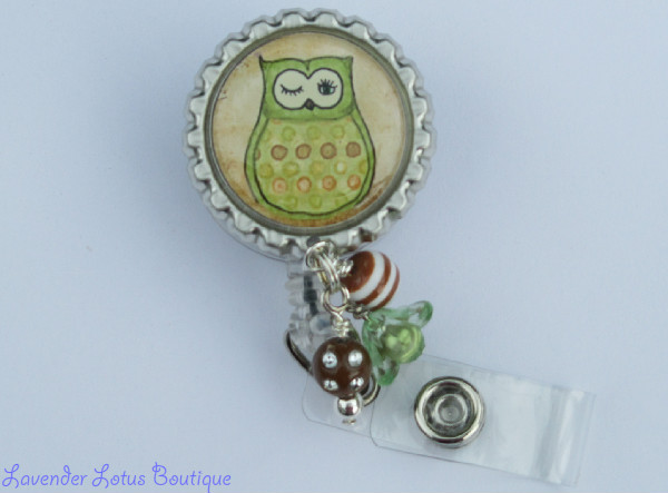 Little Green Hoot Owl-retractable, badge, reel, id, reel, beads, bling beads, lucite beads, crystal beads, lucite flower beads, acrylic beads, bead bundle, id pull, credentials holder, credentials strap, owl badge reel, owl theme, owl id reel, owl retractable badge reel, fun badge reels, fun retractable badge reels, bottlecap badge reel, bottlecap id reel, bottlecap id pull, beaded badge reel, beaded retractable badge reel, cute badge reel gift, fun badge reel gift, teacher gift, colleague gift, office gift, medical gift