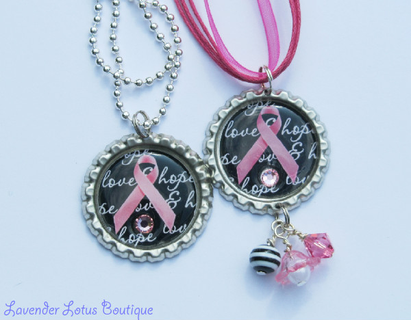 Love & Hope Pink Ribbon in Black-necklace, gift, awareness, breast cancer, pink, black, silver, ballchain, bottlecap, hot pink, support, breast cancer awareness necklace