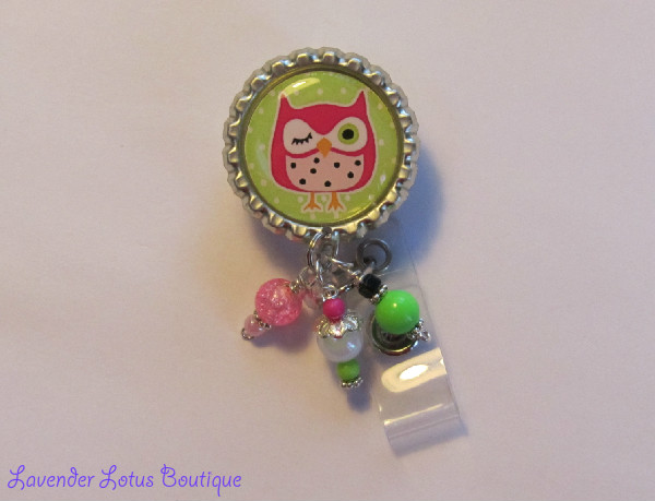 Brite Green with Hot Pink Hoot Owl-retractable, badge, reel, id, owl, nurse, medical, doctor, office, teacher, gift, beads, retractable badge reel, retractable id reel, retractable id pull, retractable id holder, owl badge reel, owl id reel, owl id pull, nurse gift, teacher gift, office worker, office id pull, unique badge reels, fun badge reels
