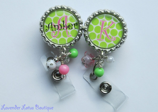 Personalized Pink and Green Pop-retractable, badge, reel, id,lucite beads, acrylic beads, crystal beads, resin beads, beads, credentials, personalized, bottlecap, alphabet, pink, green, initial, medical, teacher, conference, office, fun badge reel, fun personaized badge reel, name pull, retractable badge reel, personalized badge reel, personalized id reel, personalized id holder, bright pink and green badge reel