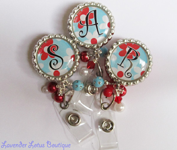 Blue and Red Flower Power-retractable, badge, reel, id, beads, crystal, Swarovski, bling, pearl, red, blue, flower, nurse, teacher, personalized, gift, office, retractable badge reel, retractable id reel, retractable reel, id badge, credentials holder, Swarovski crystal, bling beads, personalized badge reel, 