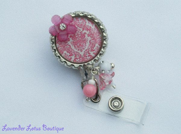 White with Pink Damask-retractable, badge, id, holder, reel, pull, classic, shabby chic, unique, designer, damask, pink, beaded, retractable badges, retractable ids, retractable pulls, retractable badge reels, retractable id reels, retractable badge pulls, fun badge reels, unique badge reels, damask badge reels, designer badge reels, beaded badge reels, nurse badge reels, office badge reels, teacher badge reels, gifts, nurse gifts, teacher gifts, office gift, beaded gifts, specialty gifts