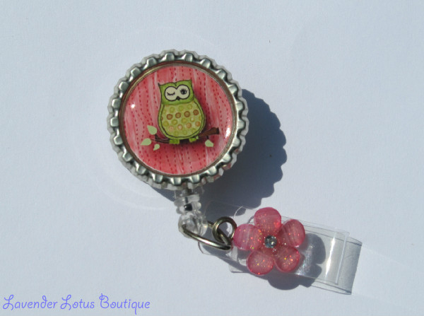 Pretty Pink w/Green Hoot Owl-retractable, badge, reel, id, credentials, owl, pink, flower, lucite, retractable badge reel, fun badge reel, owl retractable badge reel, retractable id reel, owl themed gift, cute retractable badge reel, cute badge reel, cute id holder, owl id holder, nurse gift, teacher gift, office worker gift