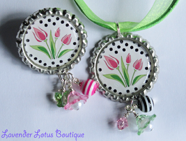 Spring Tulip Necklace and Pin Combo-spring, tulips, pink, necklace, ribbon, ballchain, pin, swarovski crystals, acrylic swirl beads, lucite flowers, bead bundles, beads, gifts, Mother's Day, Easter, bottlecap necklace, bottlecap, silver, green, tulips, tulip bottlecap necklace, necklace and pin combo