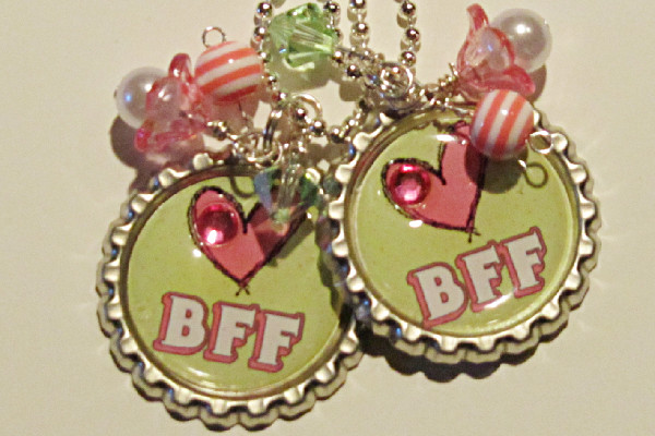 PAIR of BFF Necklaces-BFF,necklace,bottlecap,ball,chain,silver,swarovski,crystals,pearls,white,lucite,flowers,ribbon,pink,acrylic,beads
