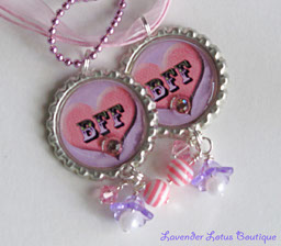 PAIR of BFF Heart Necklaces-BFF, heart,necklace,silver,purple,bling,swarovski,crystals,rhinestones, pearls,acrylic beads, gift, pink ribbon, purple ribbon, ballchain, gift, girlfriend