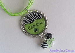 Personalized Zebra Stripe and Lime Green-Personalized, zebra, lime green, necklace,bottlecap, ribbon, ballchain, swarovski crystals, bling, acrylic lucite flower, dangles, pearl, gift, fun