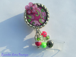 Pink and Green Paisley-retractable, badge reel, id reel, id holder, badge holder, badge pull, id pull, paisley, unique, fun, colorful, beads, handmade, 3-dimensional, retractable badge reel, retractable id reel, retractable badge pull, id badge reel, unique badge reels, designer badge reels, fun badge reels, nurse badge reels, teacher badge reels, office badge reels, fun badge reels, medical badge reels, 